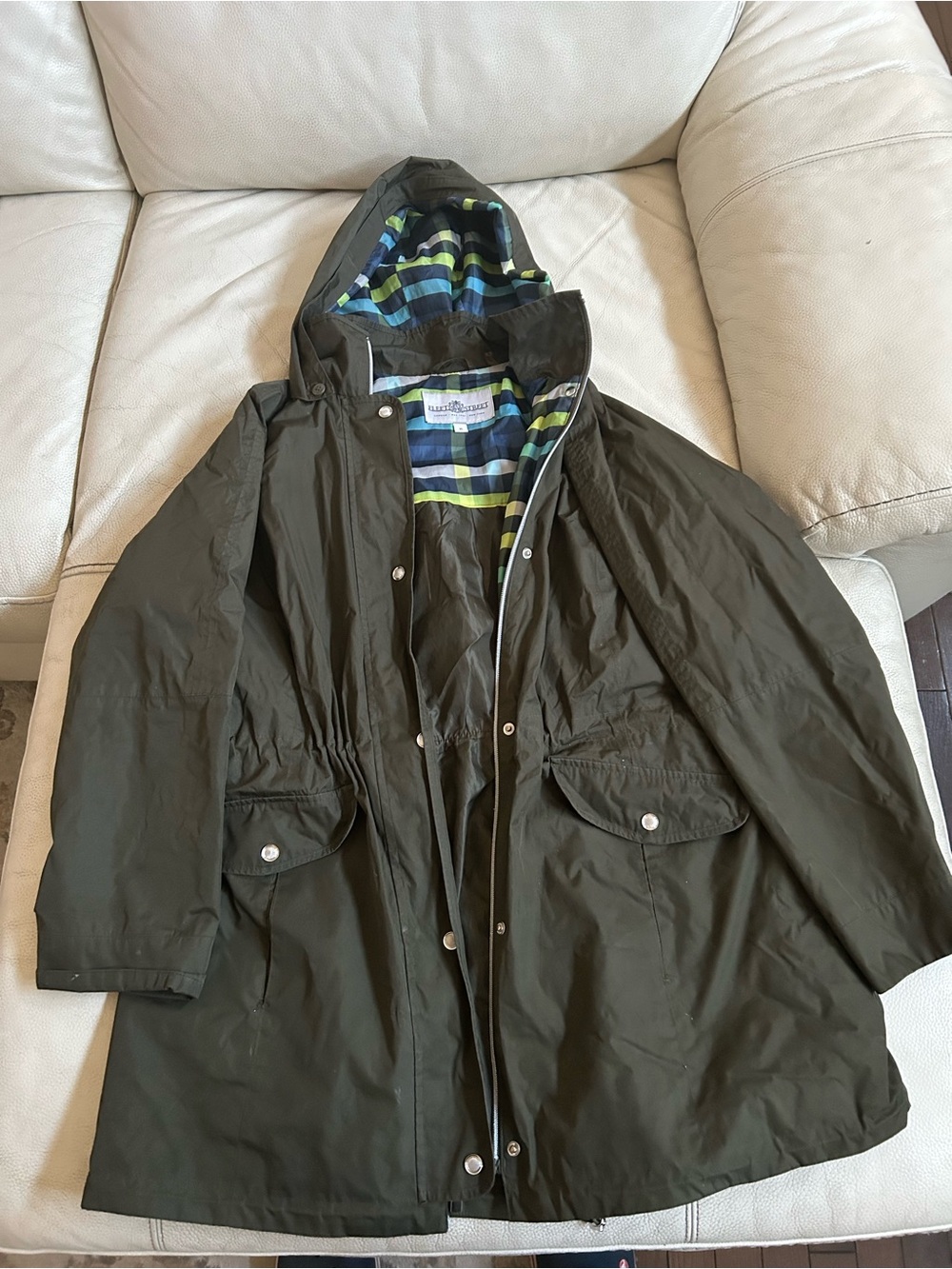 Women's Olive Hooded Raincoat Jacket with Striped Lining, Size XL